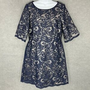 Eliza‎ J Floral Lace Dress Party Cocktail Navy Blue Lined Modest Size 12